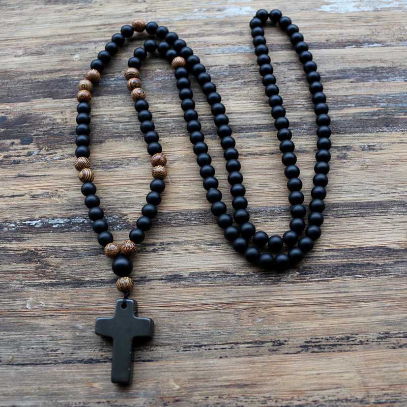 Black Stone Cross Pendant Rosary Necklace