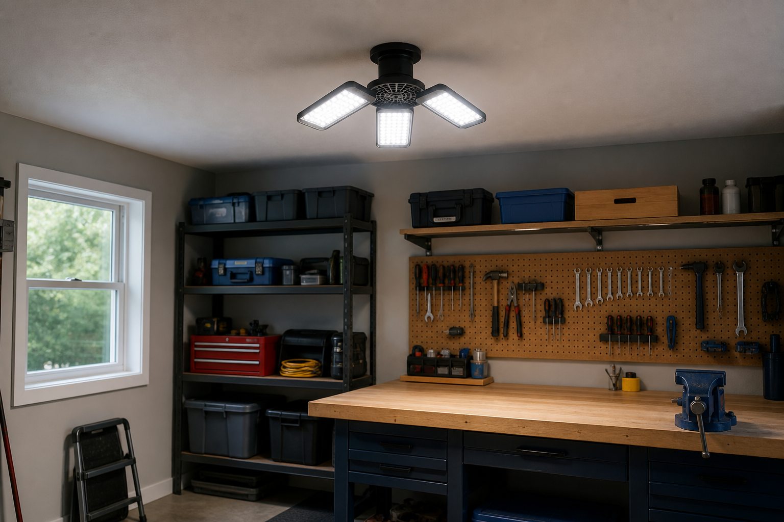 Adjustable three-panel garage light illuminating a tidy home workshop