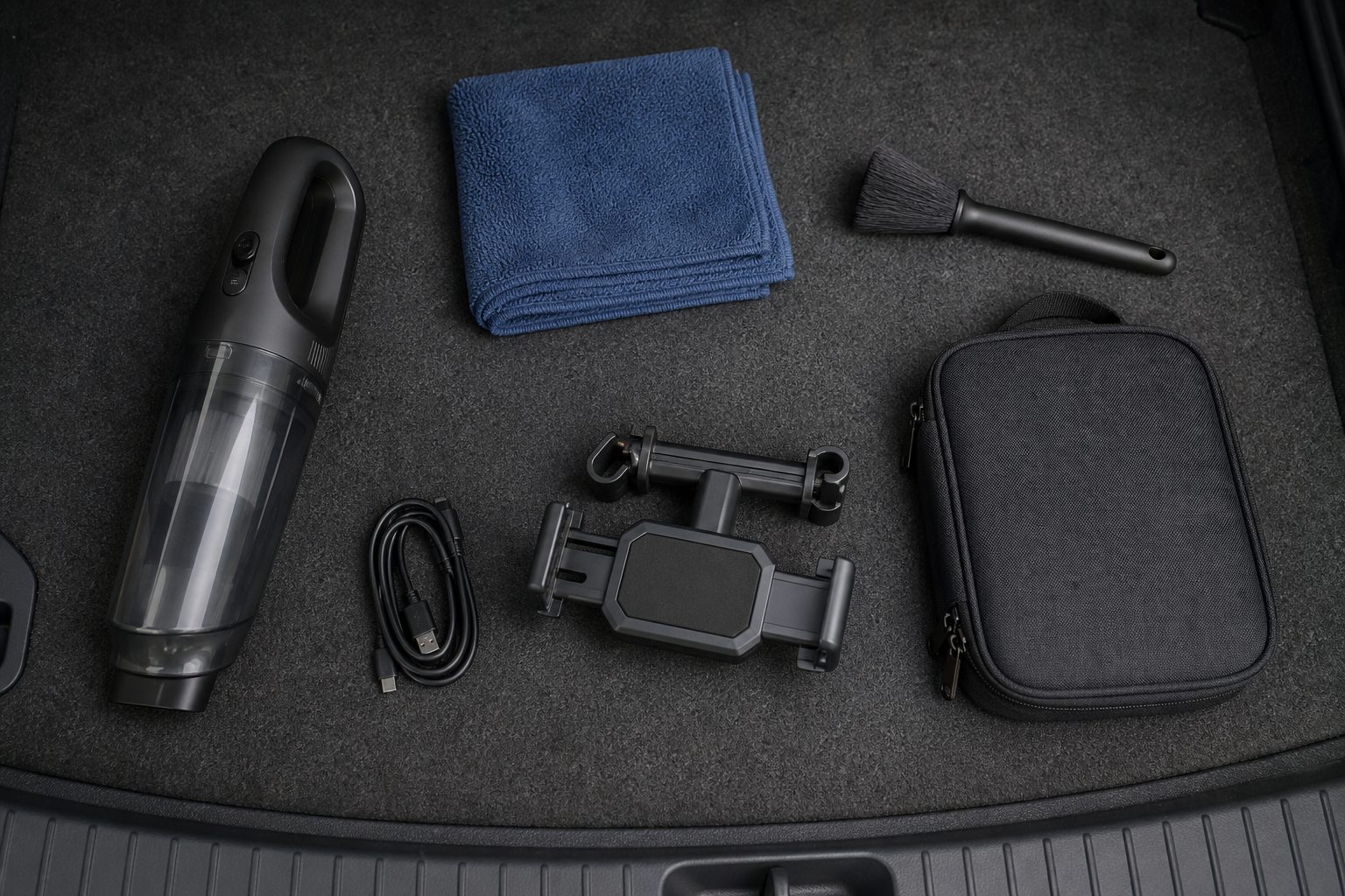 Compact car cleaning and organization kit arranged in the trunk
