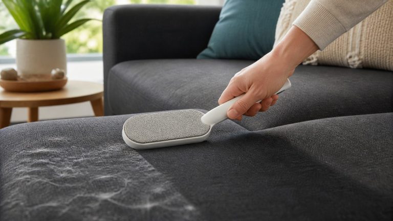 Reusable brush removing pet hair from a dark fabric sofa