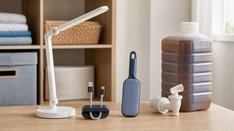 Small practical home gadgets for lighting, cable organization, lint removal and serving